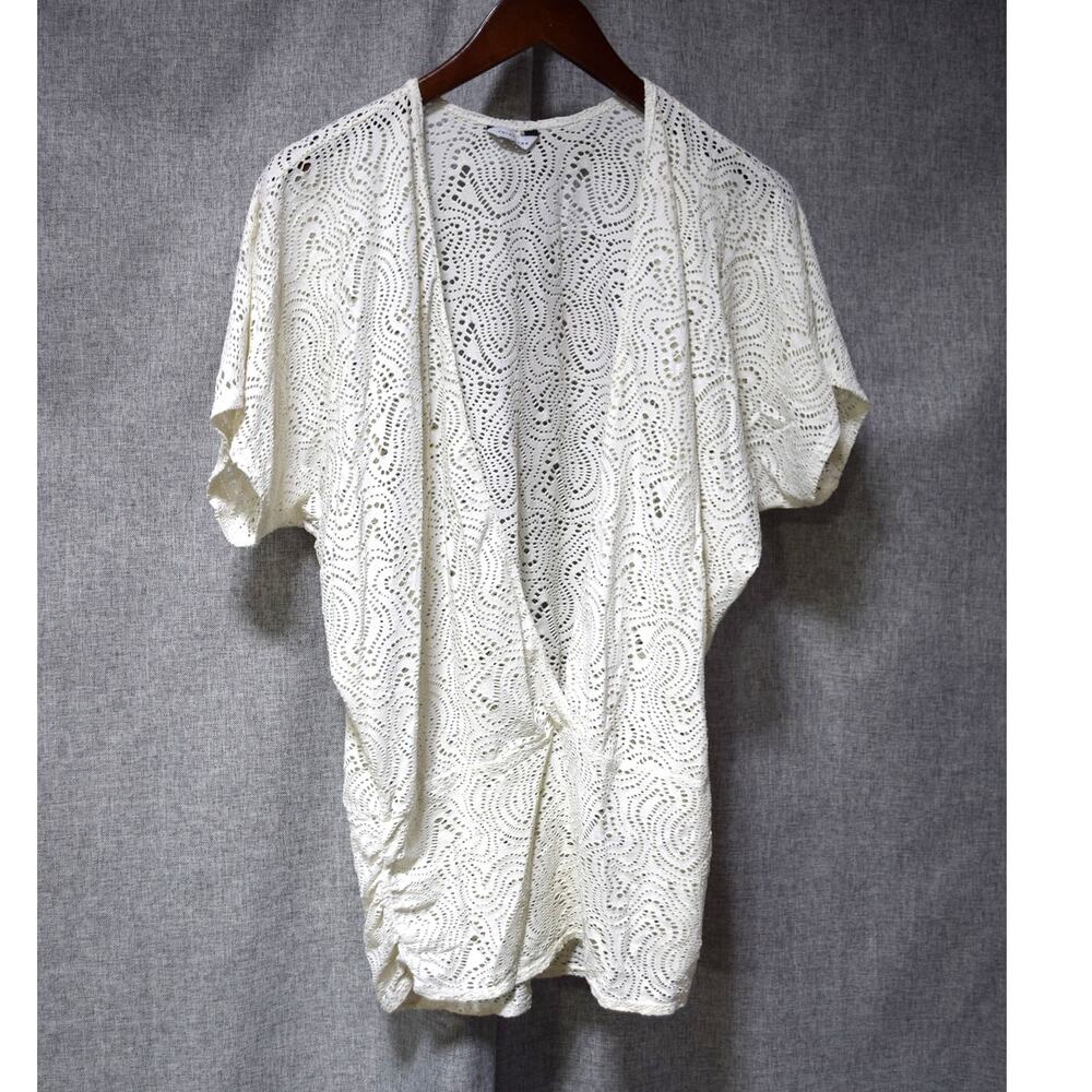Trina Turk Ivory Lace Draped Open Front Short Sleeve Top M